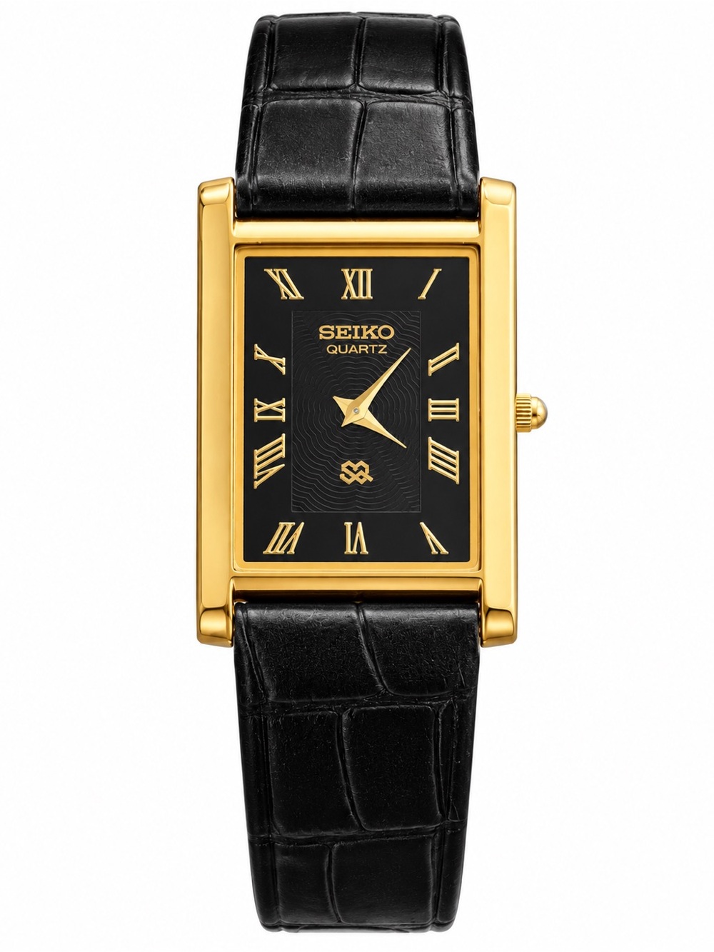 Vintage Seiko Tank watch Black dial Gold bezel with Black Strap